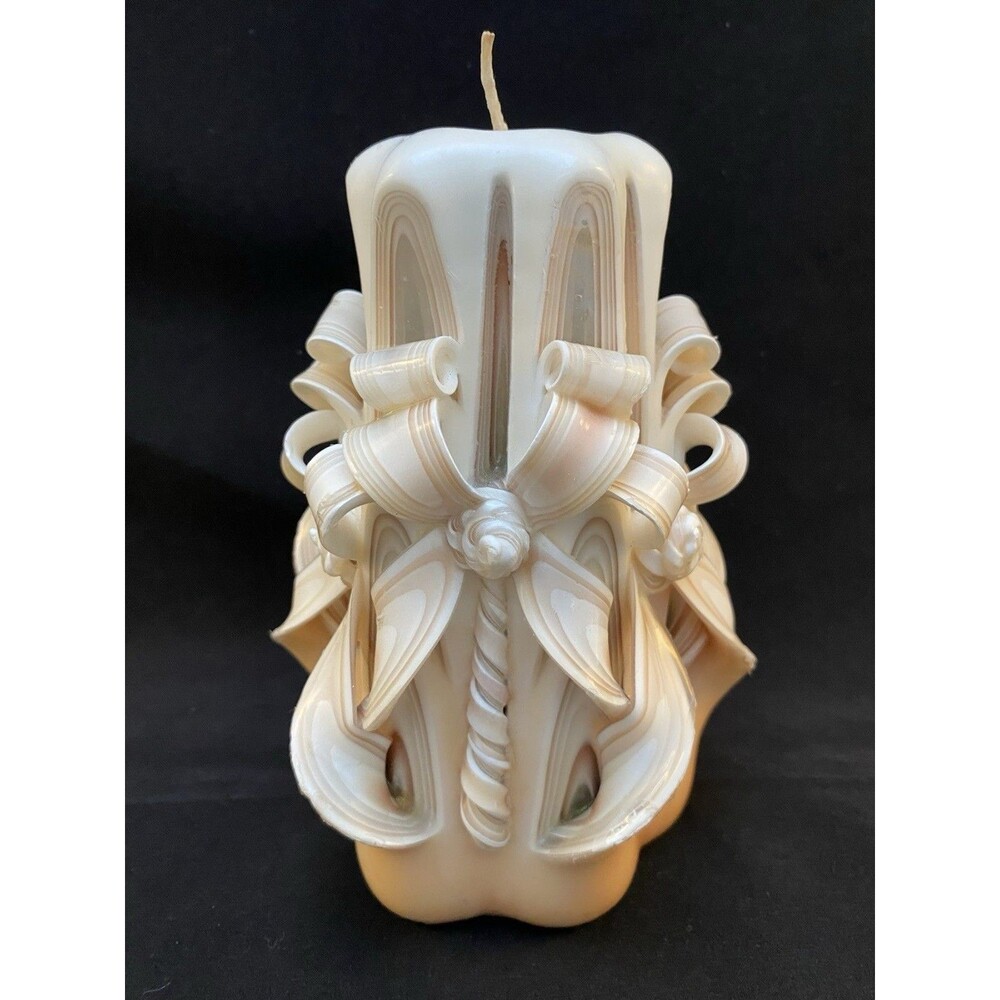 Vintage Hand Carved Ribbon Wax Pillar Artisan Rosettes Candle White Cream Blush - Picture 3 of 7